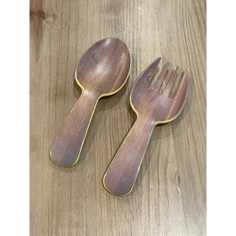 Vintage Salad Servers Decorative Cutlery Yellow Wood Design Spoon Fork Two Piece